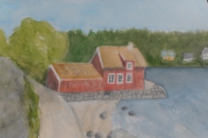 Foto p akvarell mlad vid Gustafsbergs lilla badhus.
